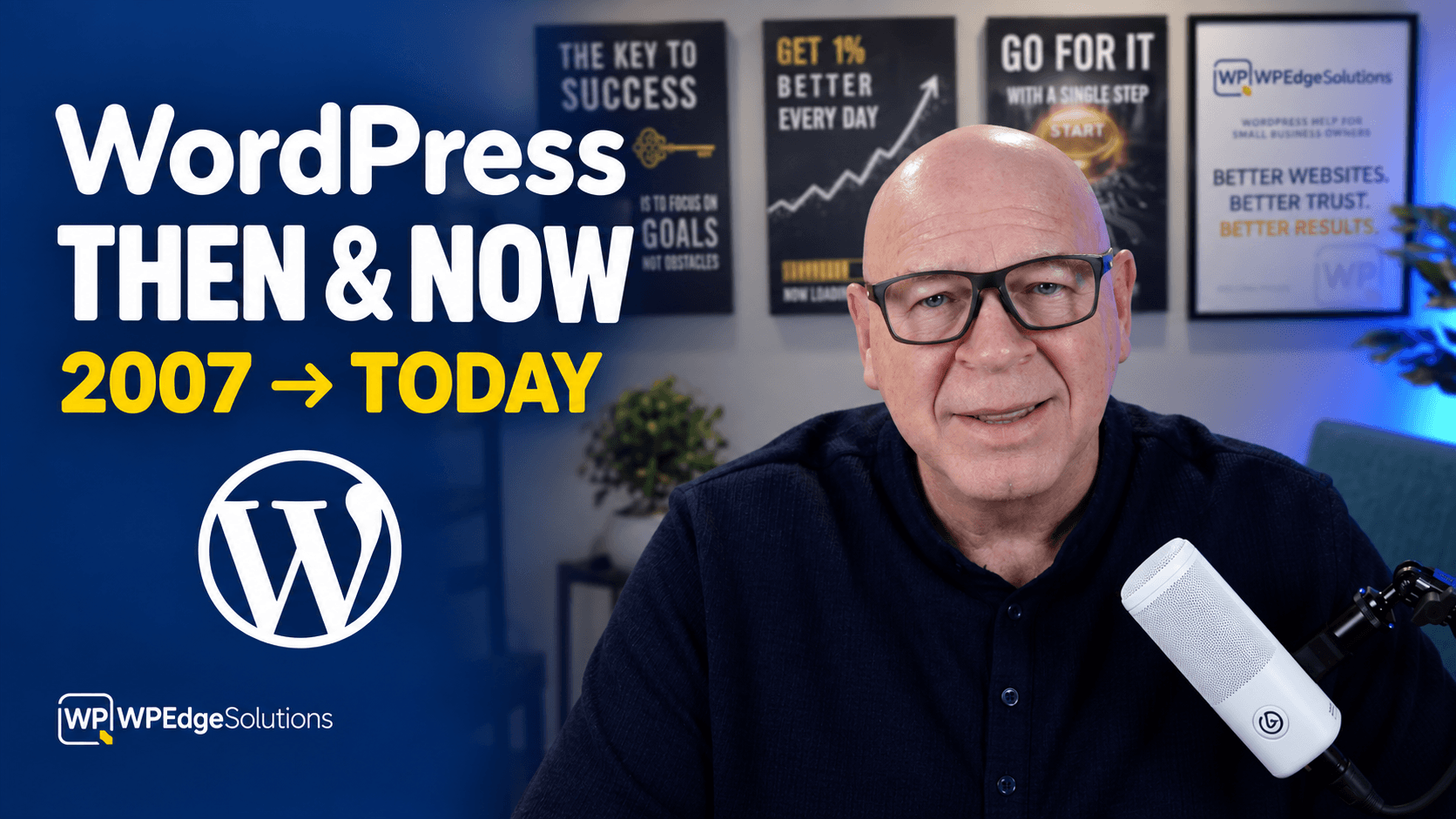 Rob McDonald in his WPEdge Solutions office beside the WordPress logo and text “WordPress Then & Now — 2007 to Today