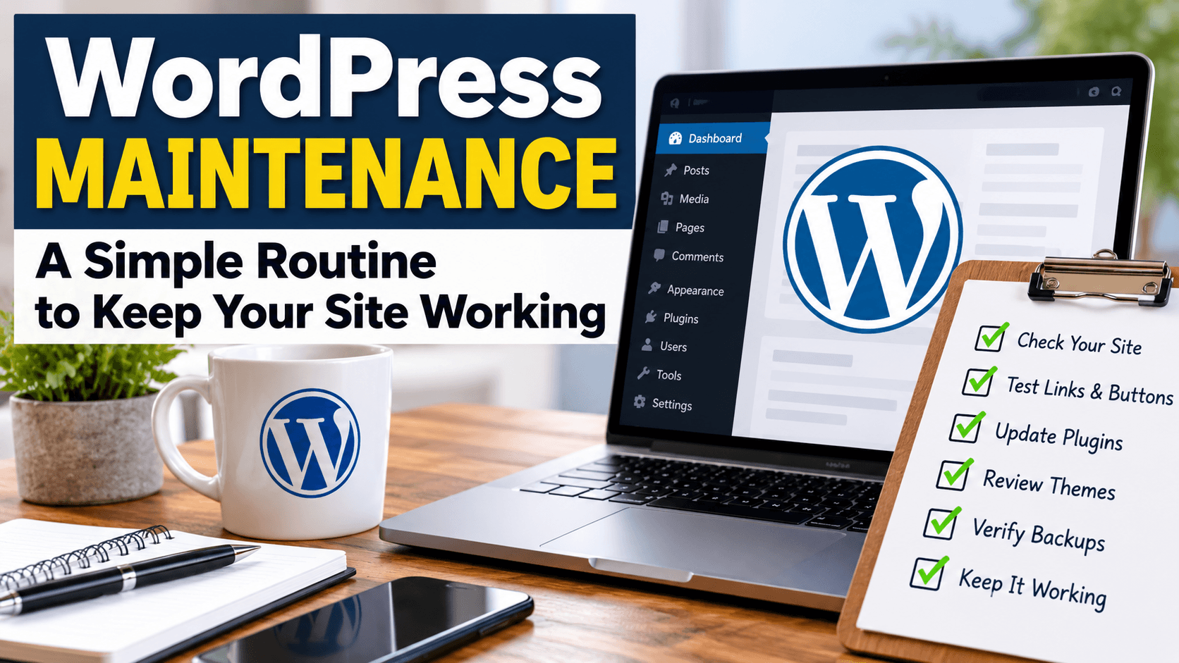 WordPress maintenance checklist showing website updates, plugins, themes, backups, and site checks